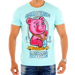 Avenue George V Paris T-Shirt Teddy Men's Short Sleeve Blue Shirt 2XL Rhinestone